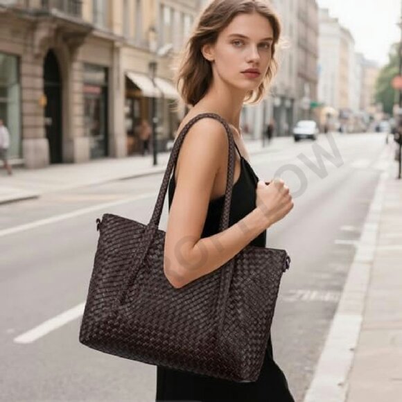 Woven Vegan Leather Tote Bag Chic Minimal Elegant Work Travel Crossbody Purse - Picture 3 of 7